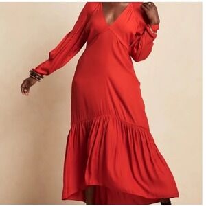 Banana Republic Red V-Neck High-Low Tiered Maxi Dress Petite 8 Long Sleeve